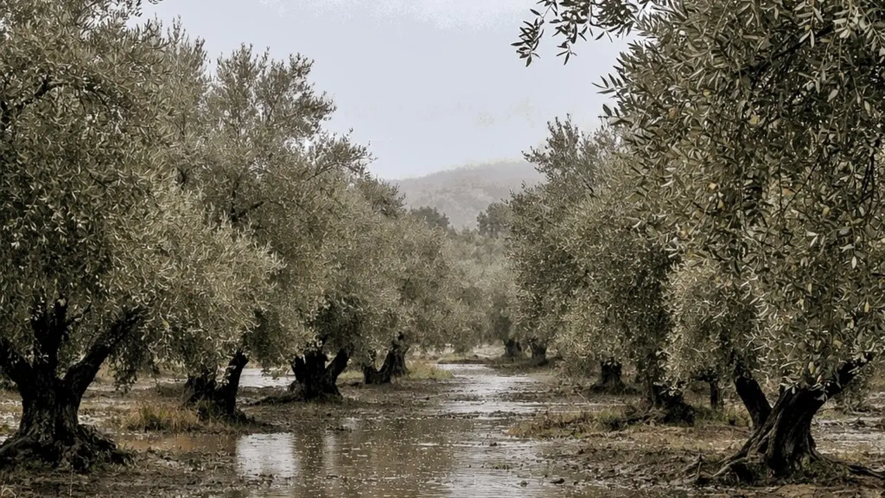 Olivar totalmente encharcado. Foto: AEMO.