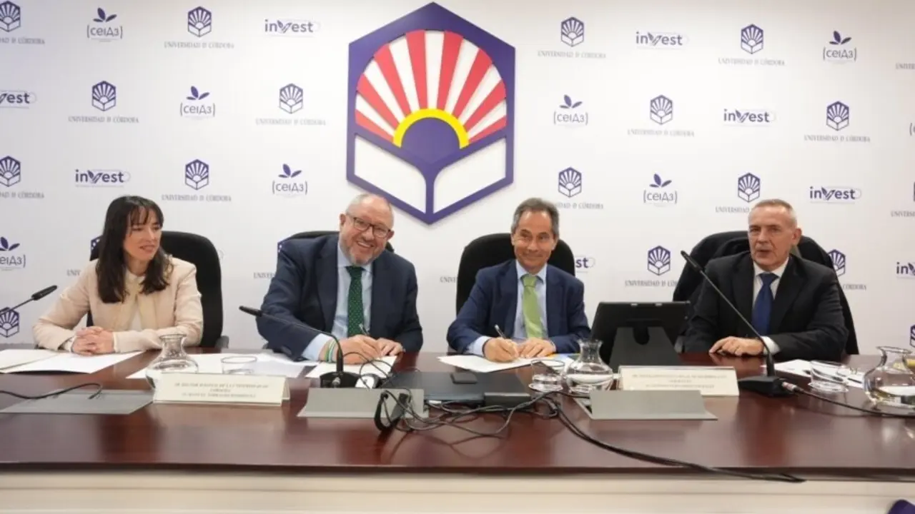 (Desde izda.) Amanda Garc&iacute;a, Manuel Torralbo, Antonio Fern&aacute;ndez y Jes&uacute;s Serrano, durante la firma y presentaci&oacute;n del acuerdo entre la Universidad de C&oacute;rdoba e Iberdrola.