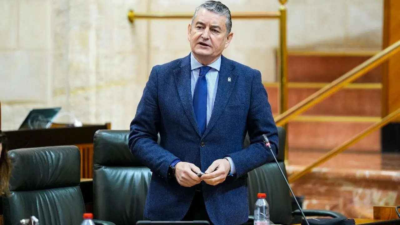 El consejero de Sanidad, Presidencia y Emergencias de la Junta, Antonio Sanz, en el Pleno del Parlamento del 26 de febrero de 2026.
