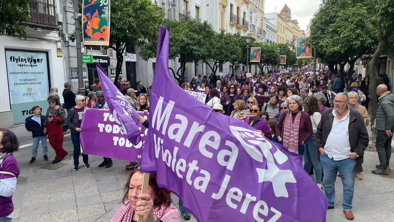 La manifestaci&oacute;n convocada por Marea Violeta en el centro de Jerez. |  Jim&eacute;nez