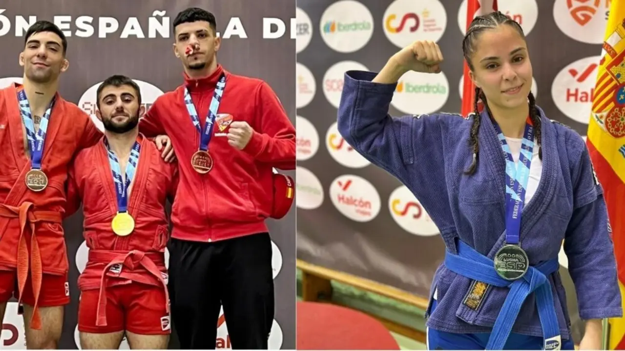 Los luchadores del Sugar Ray Ja&eacute;n Aar&oacute;n Aneiros y Roc&iacute;o Pe&ntilde;a posan con sus medallas. - Foto: Sugar Ray