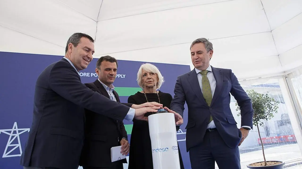 Gustavo Santana, Bruno Garc&iacute;a, Te&oacute;fila Mart&iacute;nez y Rafael S&aacute;nchez Dur&aacute;n accionan el bot&oacute;n que activa el nuevo sistema OPS del Puerto. / Eulogio Garc&iacute;a