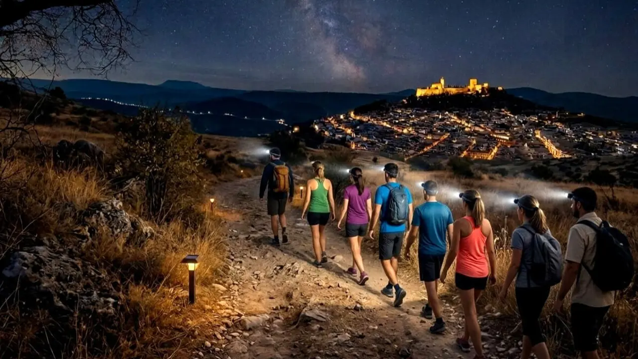Recreaci&oacute;n de una actividad de senderismo nocturno, con la fortaleza de la Mota al fondo.