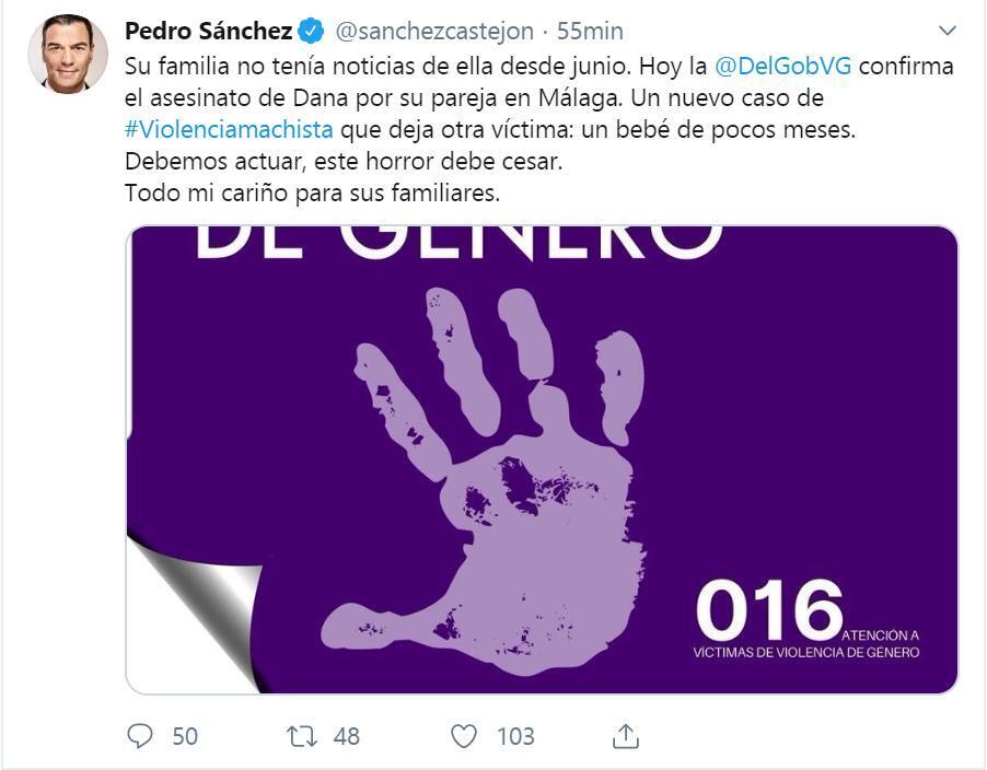 Imagen del tuit de Pedro SÃ¡nchez, presidente del Gobierno en funciones.