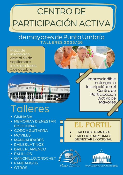 Abierta la inscripción de talleres para Centro de Participación activa Punta Umbría. | Ayuntamiento Punta Umbría.
