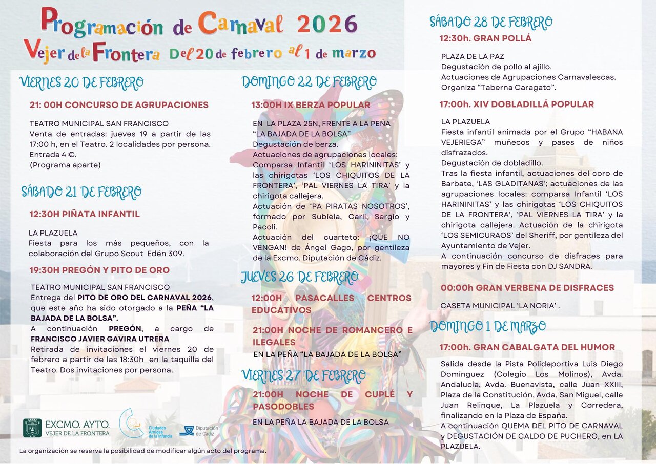 Programación del Carnaval de Vejer 2026.
